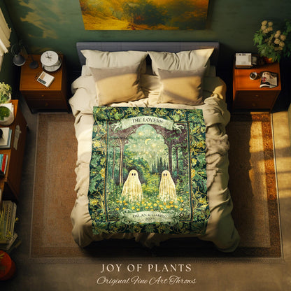 Celestial Ghost Lovers Custom Blanket | Spooky Romantic Sage Green Wedding Ethereal Witchy Aesthetic Moonlit Woven Tapestry Personalized |