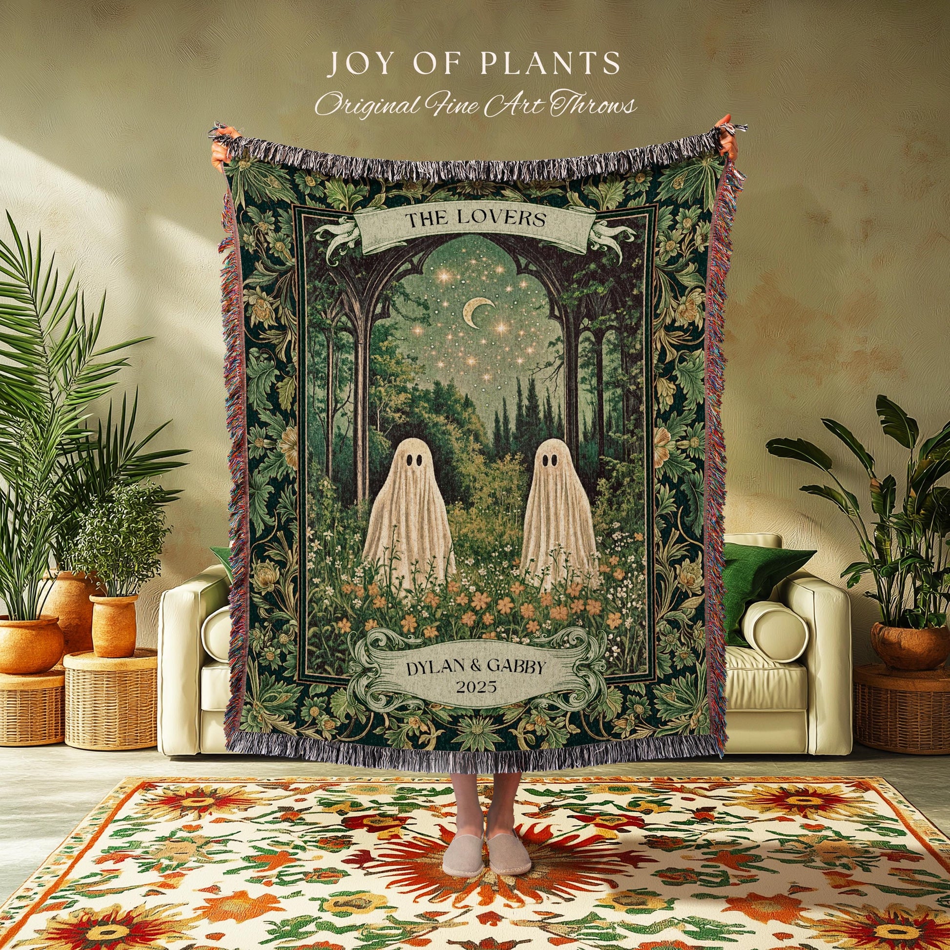 Celestial Ghost Lovers Custom Blanket | Spooky Romantic Sage Green Wedding Ethereal Witchy Aesthetic Moonlit Woven Tapestry Personalized |