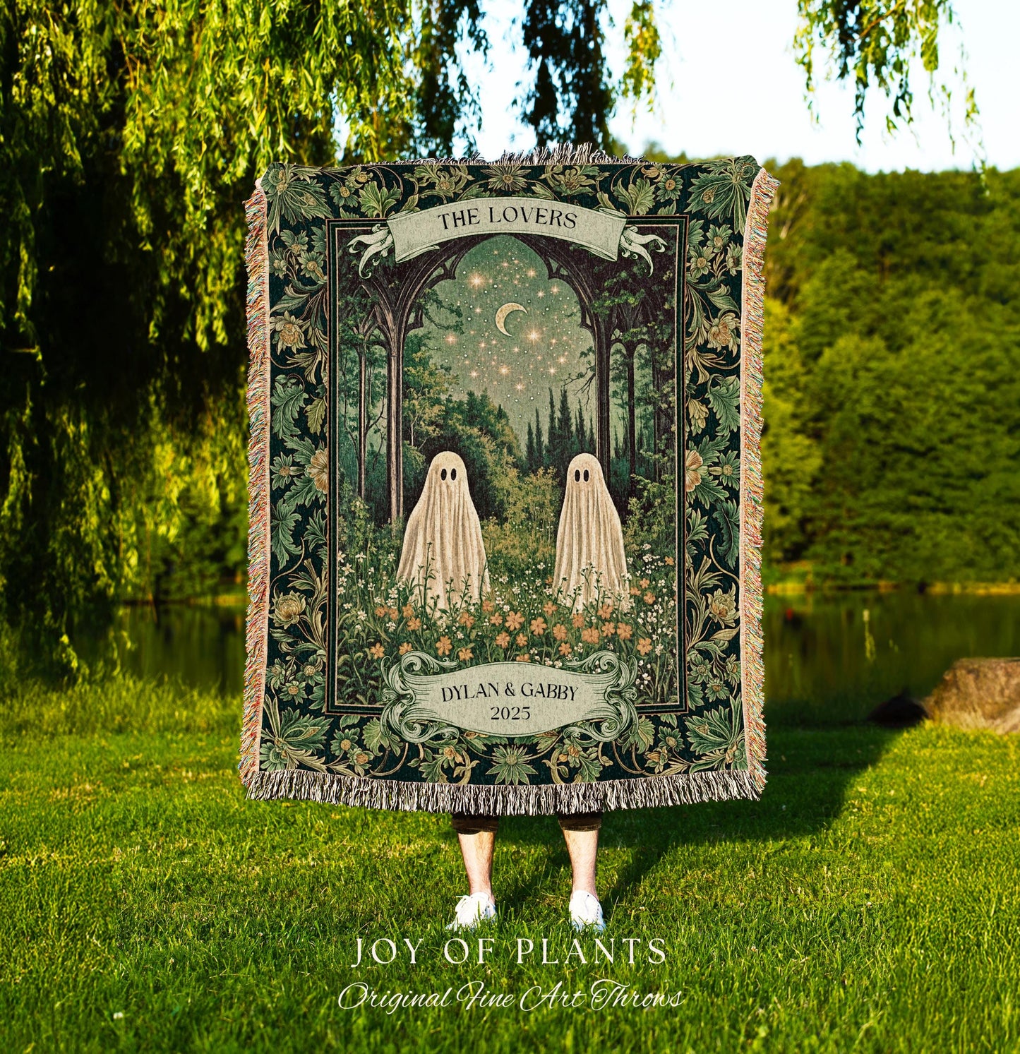 Celestial Ghost Lovers Custom Blanket | Spooky Romantic Sage Green Wedding Ethereal Witchy Aesthetic Moonlit Woven Tapestry Personalized |