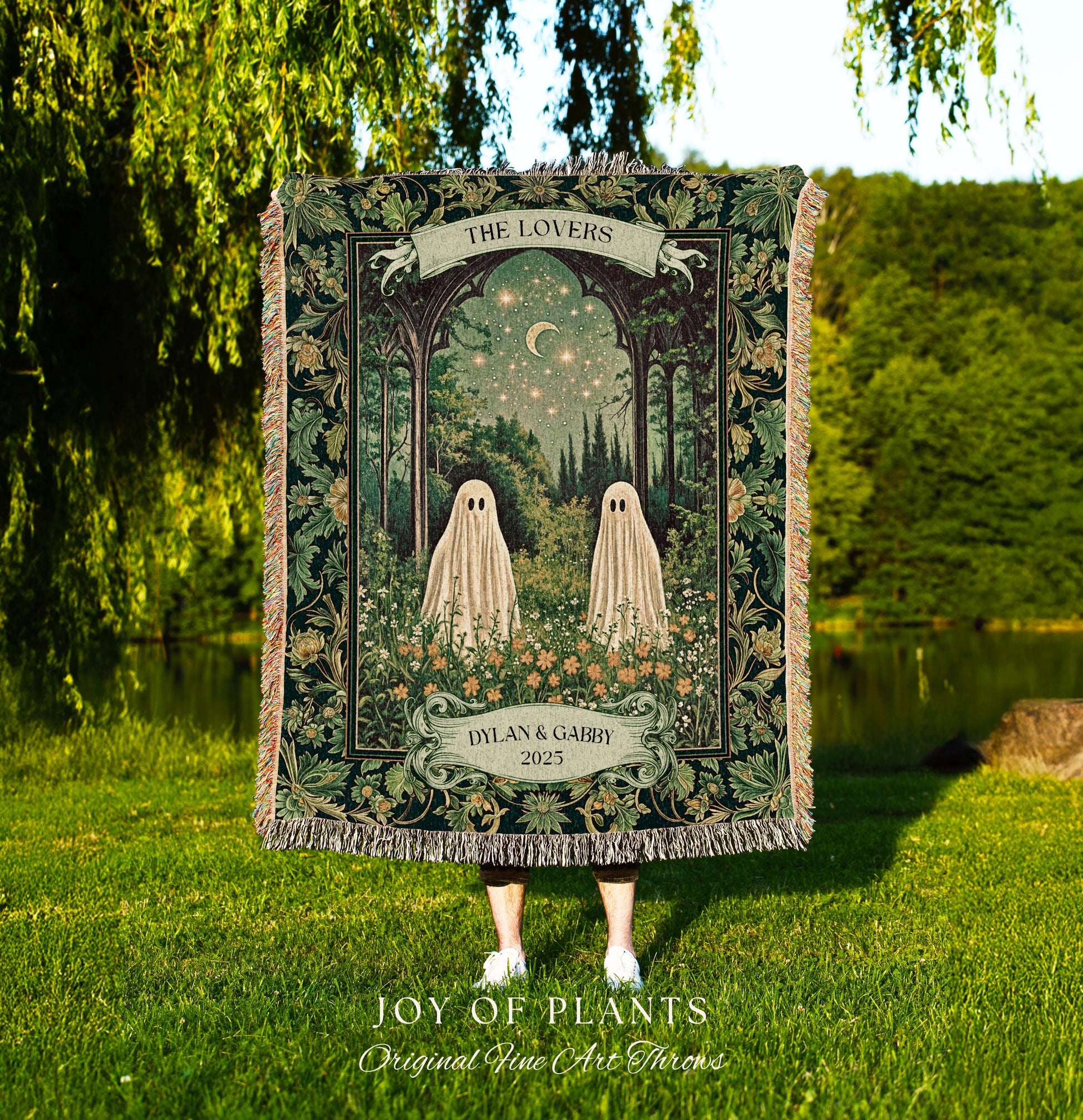 Celestial Ghost Lovers Custom Blanket | Spooky Romantic Sage Green Wedding Ethereal Witchy Aesthetic Moonlit Woven Tapestry Personalized |