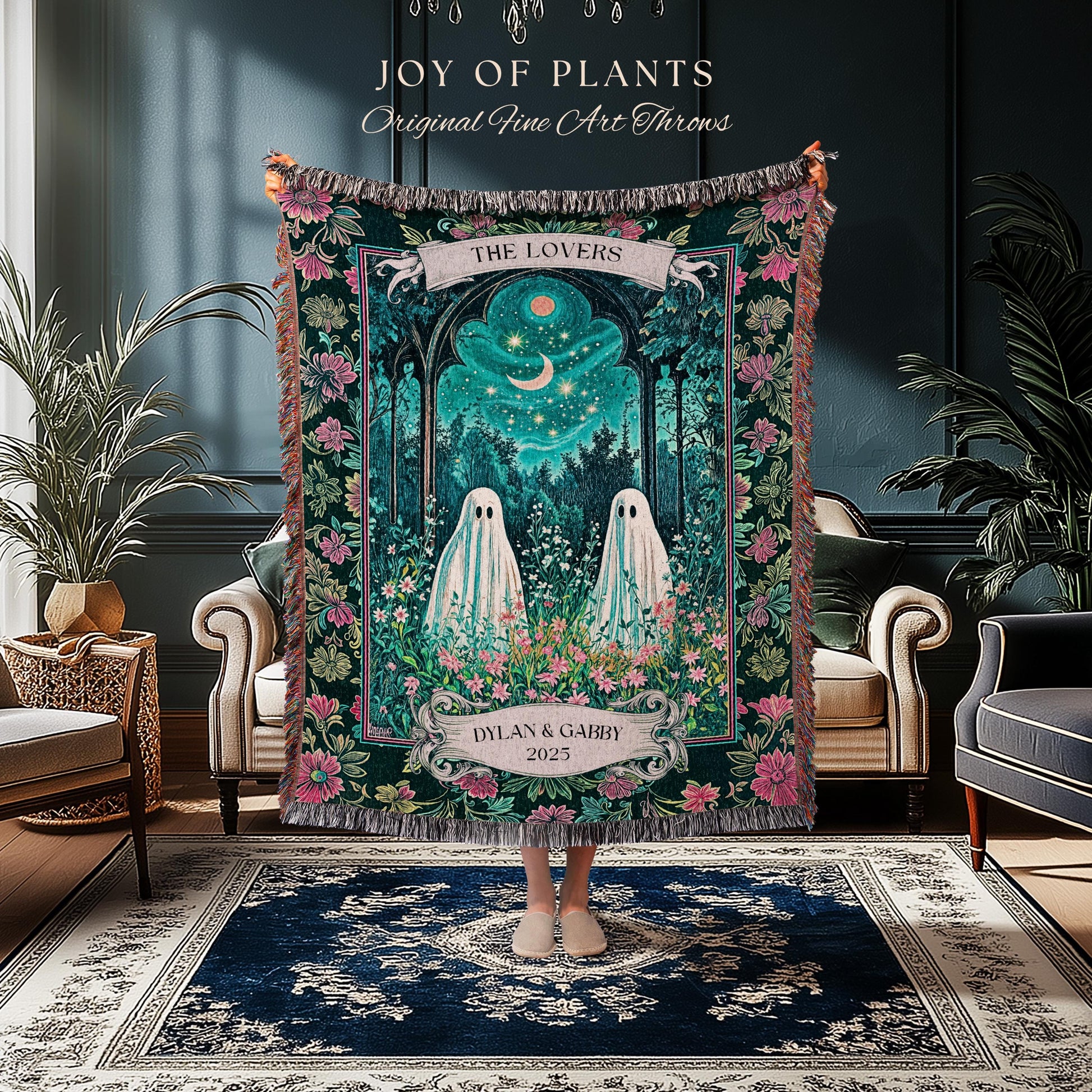 Witchy Ghost Friends Custom Tapestry | Floral Garden Cozy Couple Blanket Cottage Accent Ghost Lovers Celestial Autumn Whimsy Aesthetic Gift