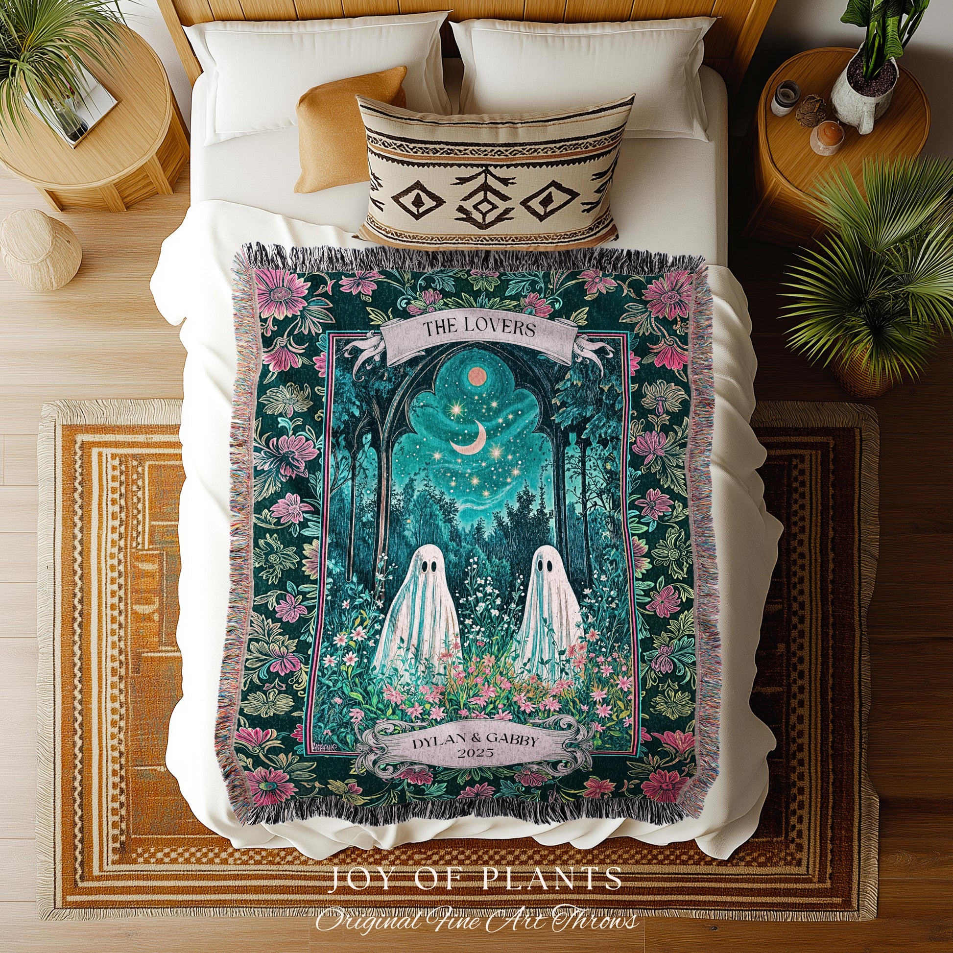 Witchy Ghost Friends Custom Tapestry | Floral Garden Cozy Couple Blanket Cottage Accent Ghost Lovers Celestial Autumn Whimsy Aesthetic Gift