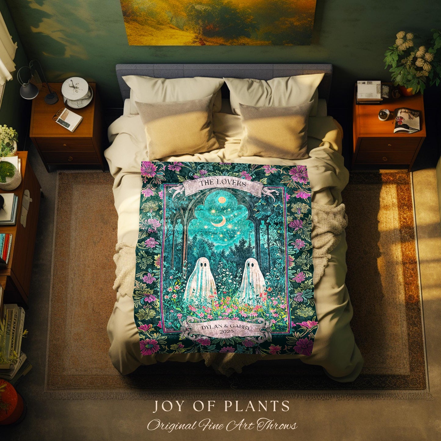 Witchy Ghost Friends Custom Tapestry | Floral Garden Cozy Couple Blanket Cottage Accent Ghost Lovers Celestial Autumn Whimsy Aesthetic Gift