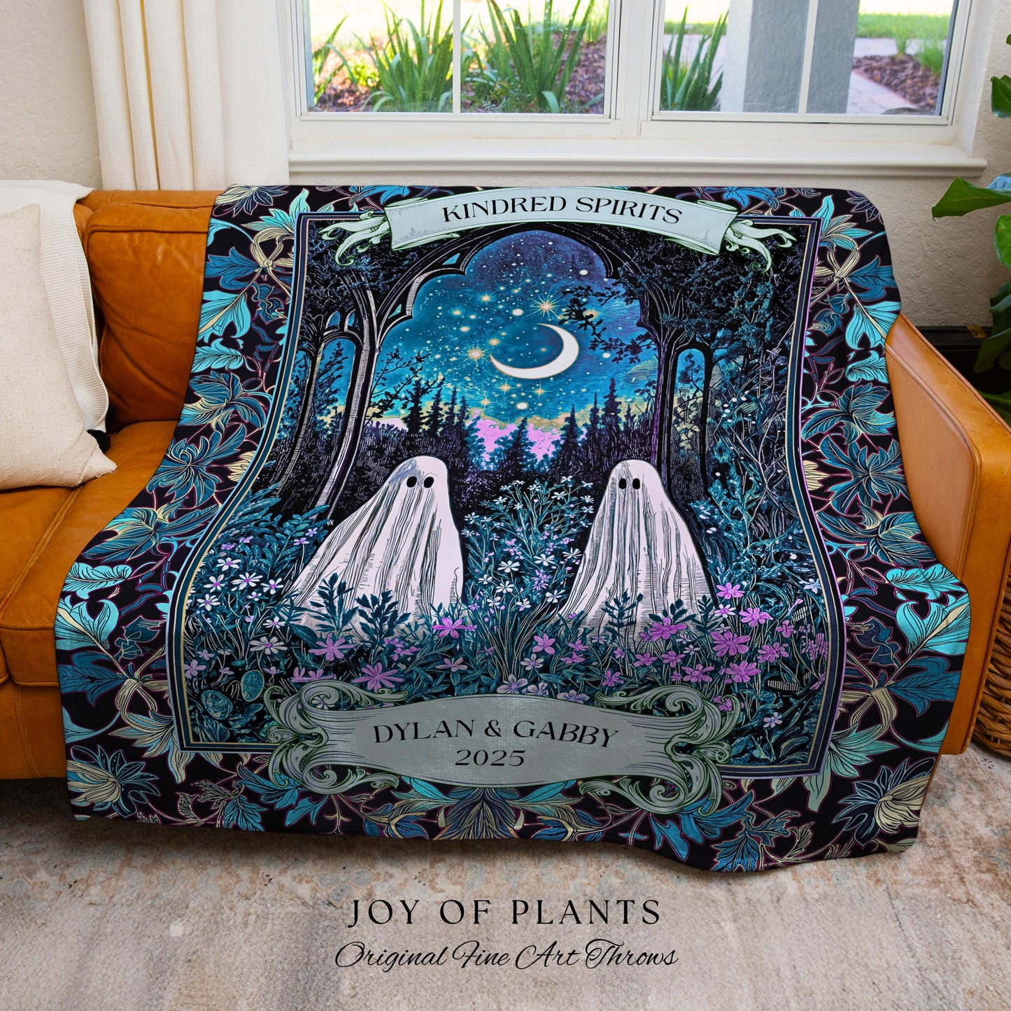 Kindred Spirits Ghost Couple Blanket Personalized Soulmate Gift | Whimsical Moonlit Wildflower Romance Custom Celestial Anniversary Keepsake