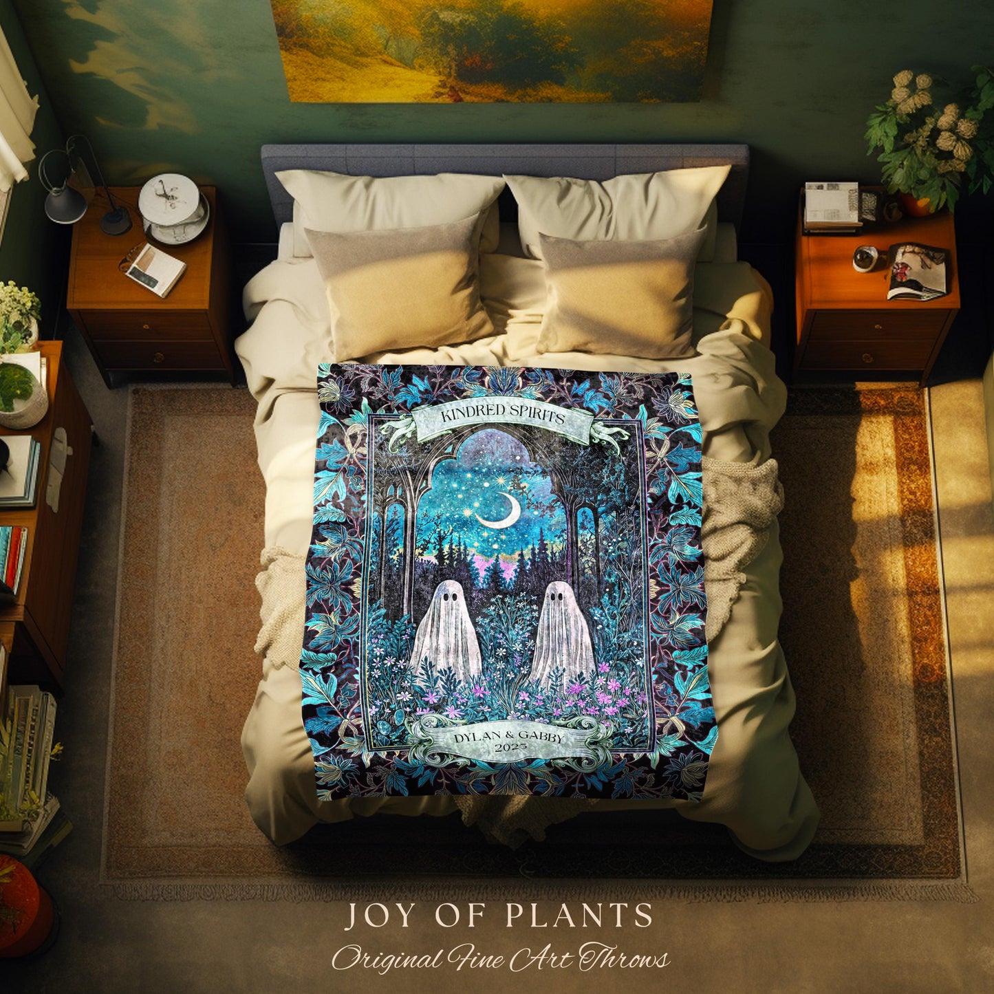 Kindred Spirits Ghost Couple Blanket Personalized Soulmate Gift | Whimsical Moonlit Wildflower Romance Custom Celestial Anniversary Keepsake