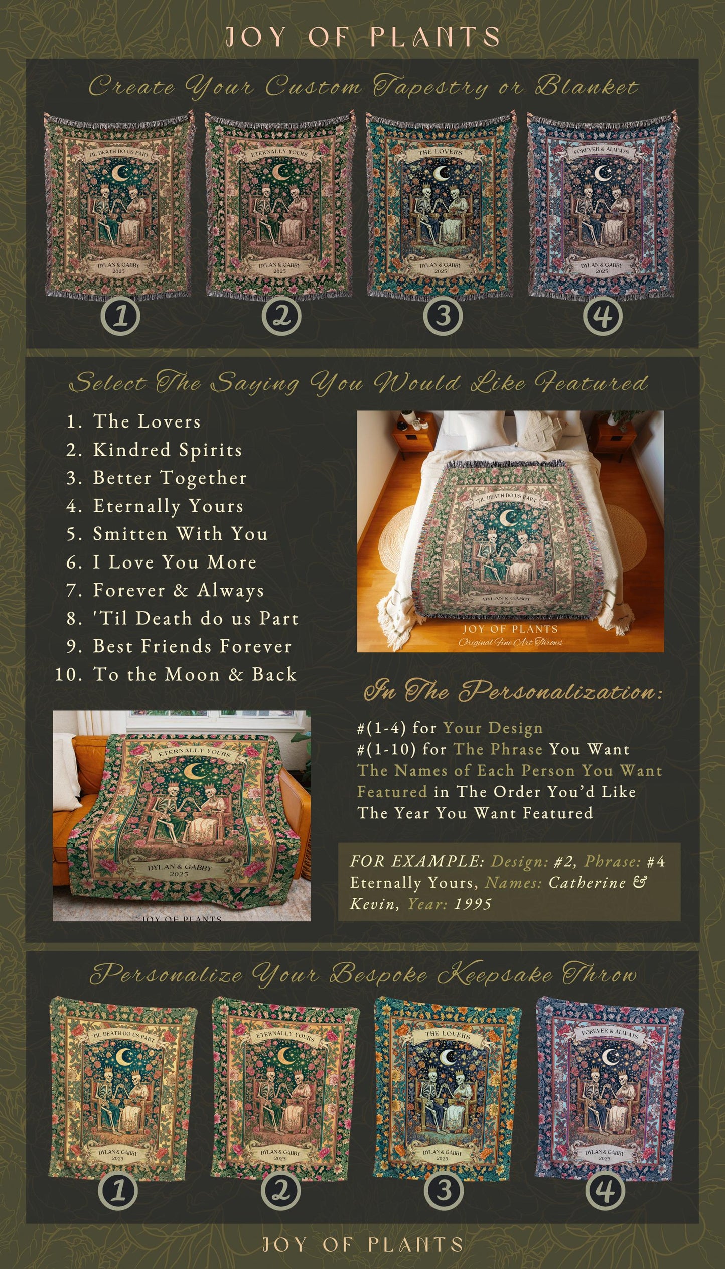 Enchanted Lovers Anniversary Blanket | Custom Gothic Woven Throw Personalized Romantic Wedding Anniversary Gift Cozy Floral Skeleton Couple