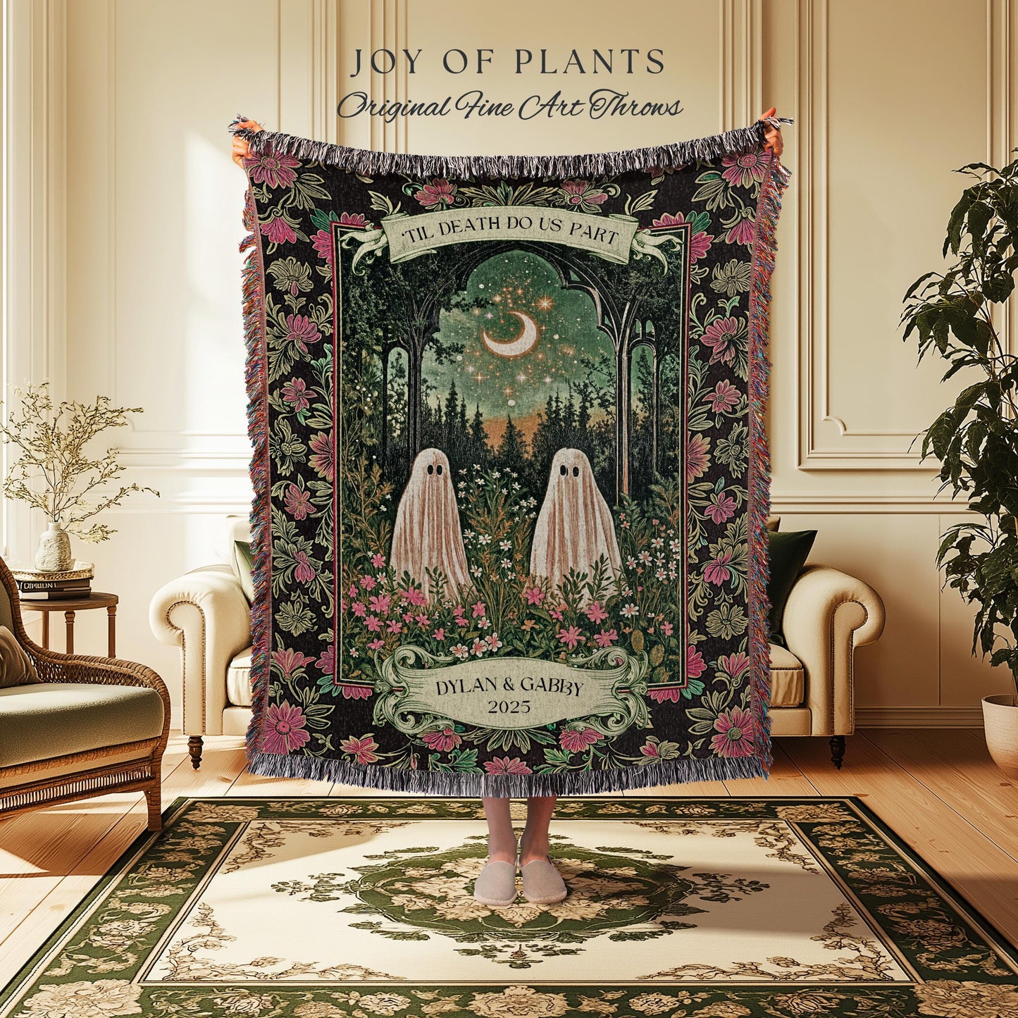 Mystic Moonlit Ghost Couple Custom Blanket | Gothic Cozy Aesthetic Spooky Wedding Gift His & Hers Halloween Spirits Personalized Names Throw