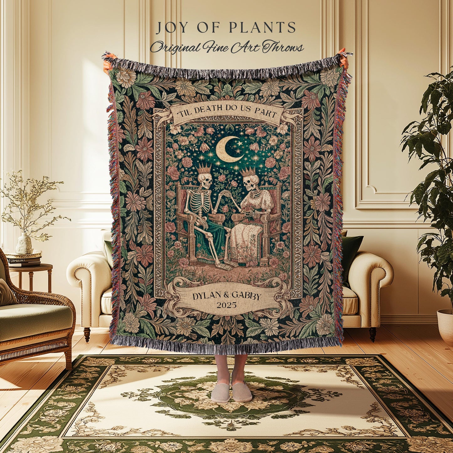 Custom Regal Skeleton Couple Throw Blanket | Celestial Personalized Gothic Lovers Keepsake Whimsigoth Floral Theme Baroque Dark Academia |