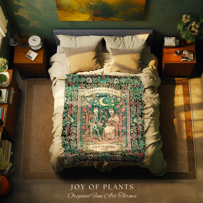 Personalized Skeleton Couple Throw | Custom Gothic Lovers Whimsigoth Baroque Decor Botanical Aesthetic Gift Victorian Romance Woven Tapestry