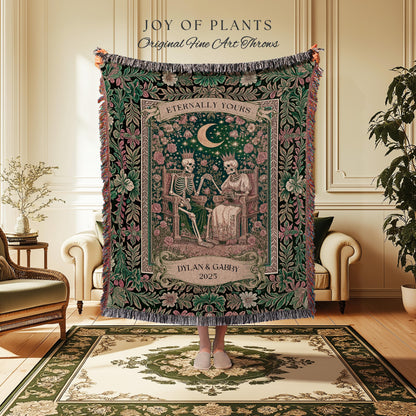 Personalized Skeleton Couple Throw | Custom Gothic Lovers Whimsigoth Baroque Decor Botanical Aesthetic Gift Victorian Romance Woven Tapestry