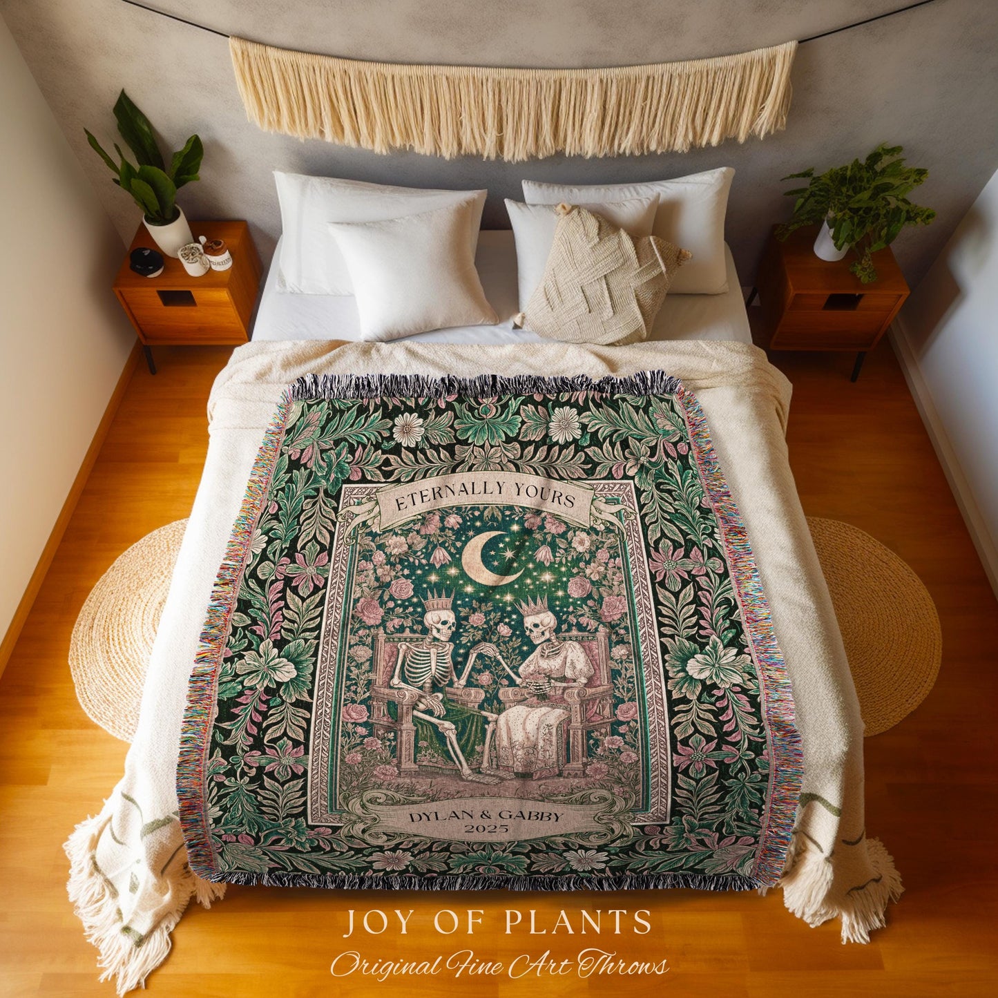 Personalized Skeleton Couple Throw | Custom Gothic Lovers Whimsigoth Baroque Decor Botanical Aesthetic Gift Victorian Romance Woven Tapestry