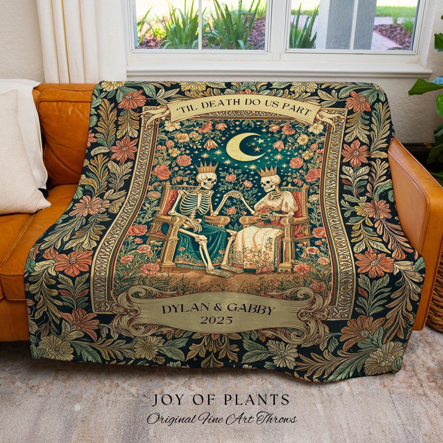Custom Regal Skeleton Couple Throw Blanket | Celestial Personalized Gothic Lovers Keepsake Whimsigoth Floral Theme Baroque Dark Academia |
