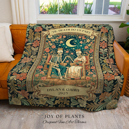 Custom Regal Skeleton Couple Throw Blanket | Celestial Personalized Gothic Lovers Keepsake Whimsigoth Floral Theme Baroque Dark Academia |