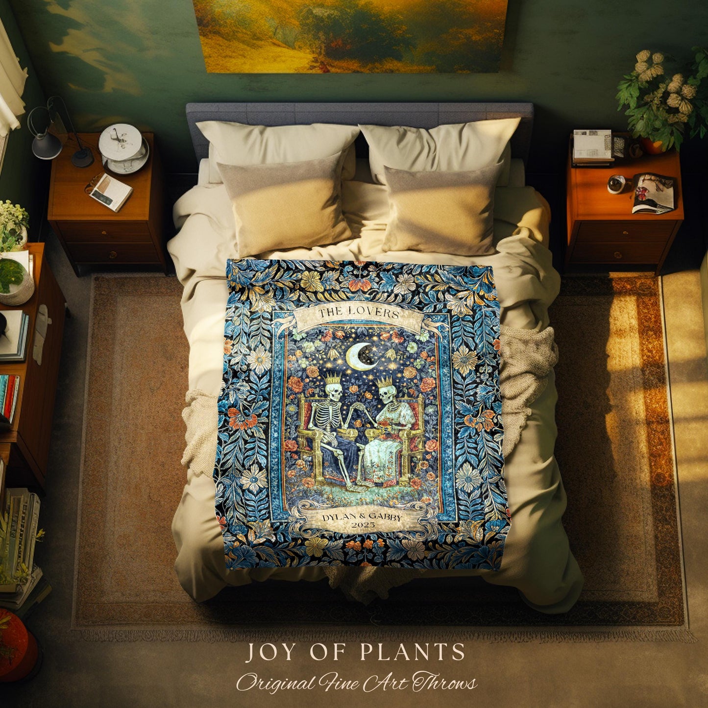 Moonlit Skeleton Lovers Throw Blanket | Whimsigoth Personalized Gothic Romance Celestial Aesthetic Gift Cozy Custom Names Anniversary Floral