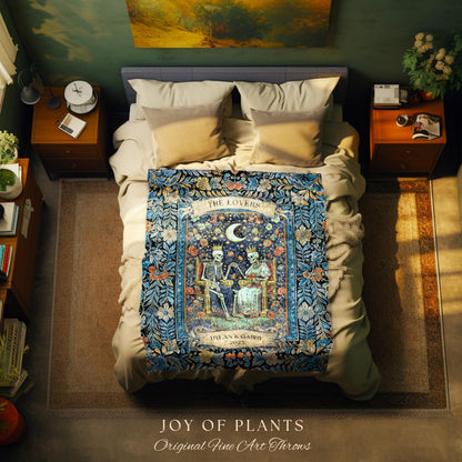 Moonlit Skeleton Lovers Throw Blanket | Whimsigoth Personalized Gothic Romance Celestial Aesthetic Gift Cozy Custom Names Anniversary Floral