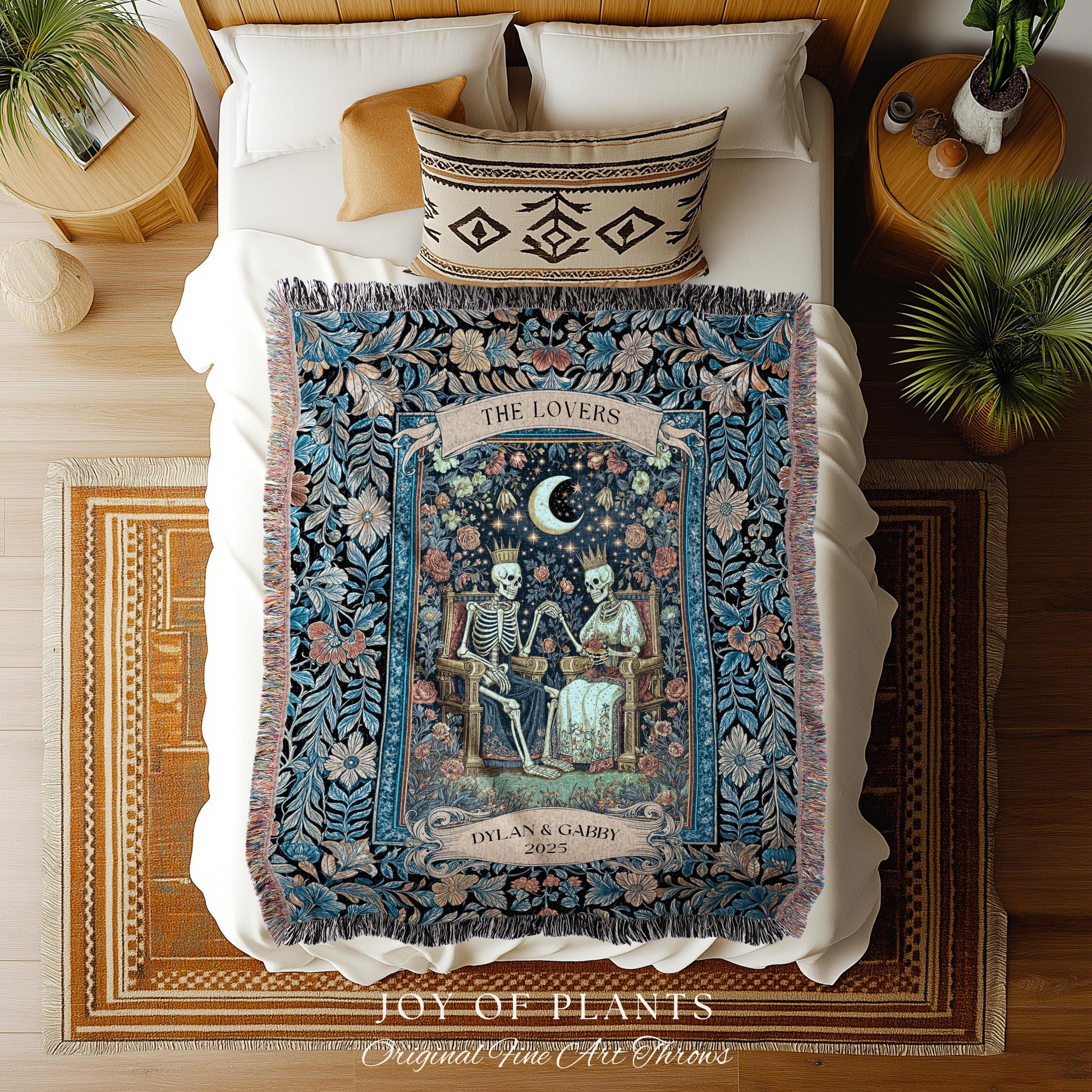 Moonlit Skeleton Lovers Throw Blanket | Whimsigoth Personalized Gothic Romance Celestial Aesthetic Gift Cozy Custom Names Anniversary Floral