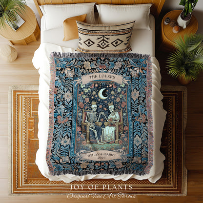 Moonlit Skeleton Lovers Throw Blanket | Whimsigoth Personalized Gothic Romance Celestial Aesthetic Gift Cozy Custom Names Anniversary Floral