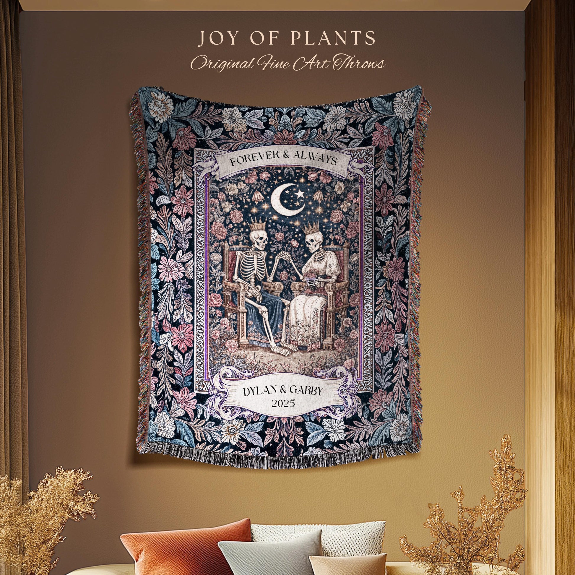 Spooky King & Queen Custom Skeleton Blanket | Witchy Wedding Personalized Names Goth Throne Baroque Gift Whimsigoth Aesthetic Purple Florals