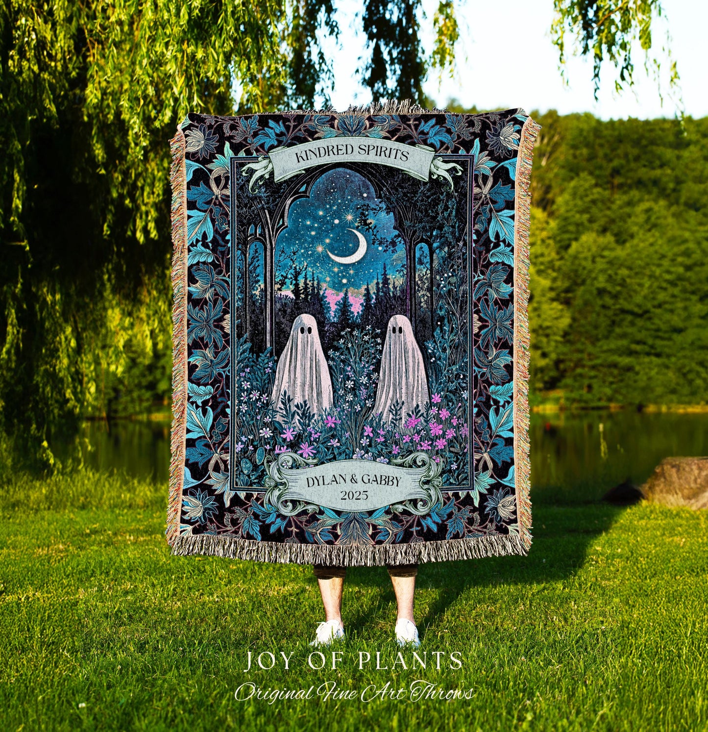 Kindred Spirits Ghost Couple Blanket Personalized Soulmate Gift | Whimsical Moonlit Wildflower Romance Custom Celestial Anniversary Keepsake