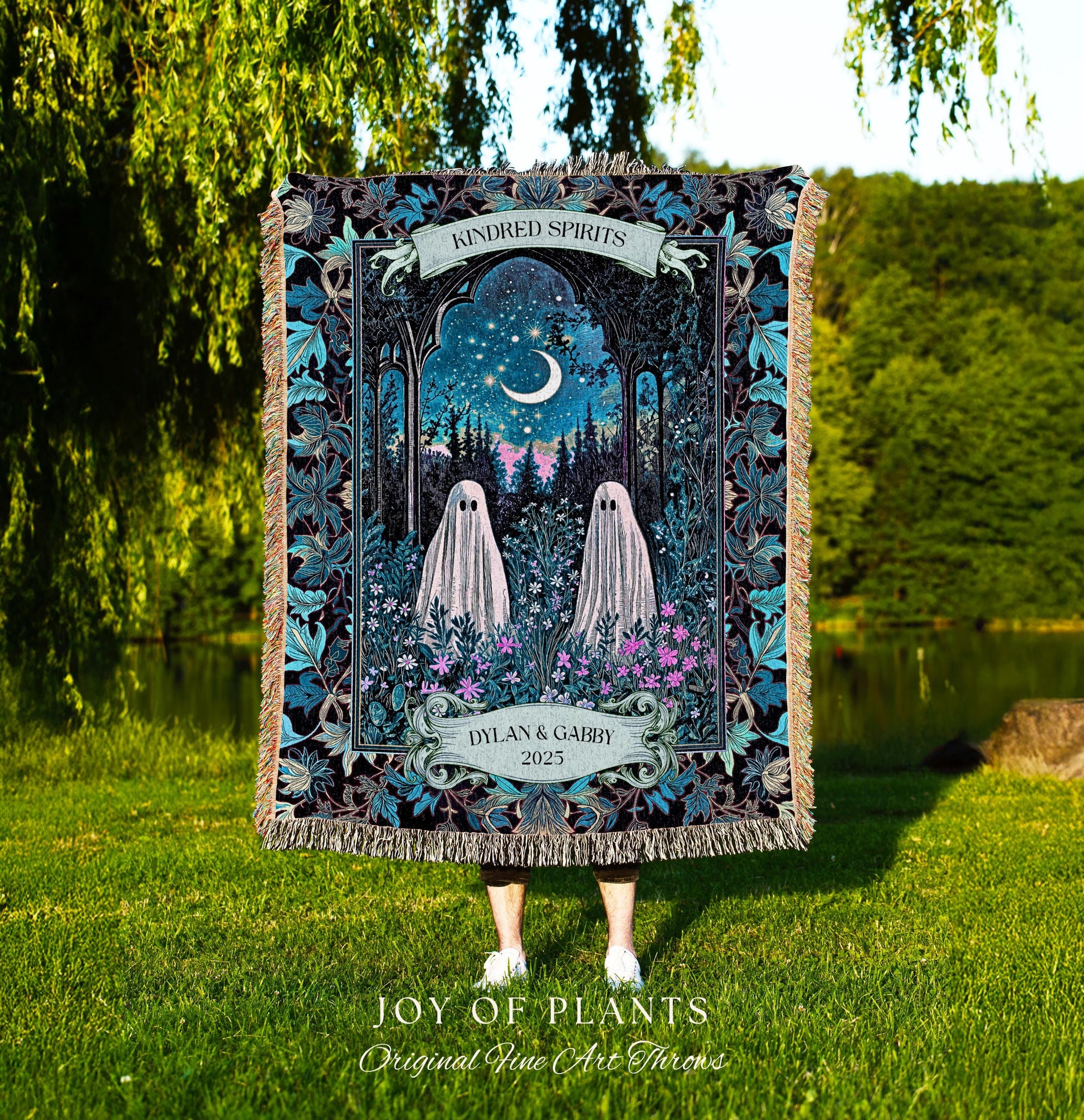 Kindred Spirits Ghost Couple Blanket Personalized Soulmate Gift | Whimsical Moonlit Wildflower Romance Custom Celestial Anniversary Keepsake