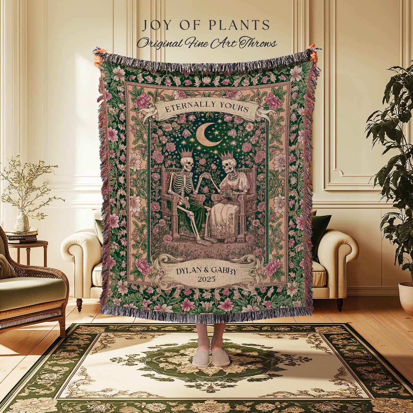 Rosy Skeleton Couple Blanket | Personalized Meaningful Gift Gothic Romantic Throw Custom Anniversary Gothic Couple Decor Whimsigoth Cozy |