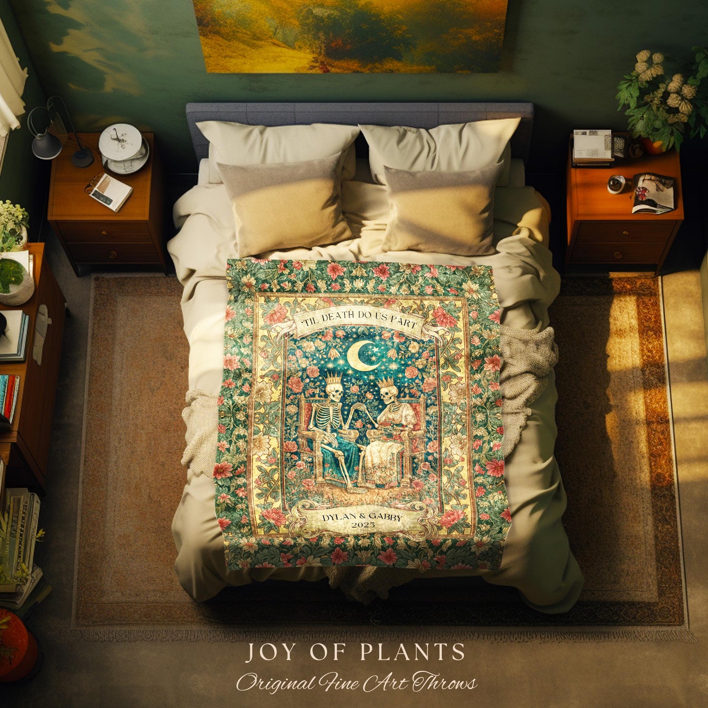 Enchanted Lovers Anniversary Blanket | Custom Gothic Woven Throw Personalized Romantic Wedding Anniversary Gift Cozy Floral Skeleton Couple