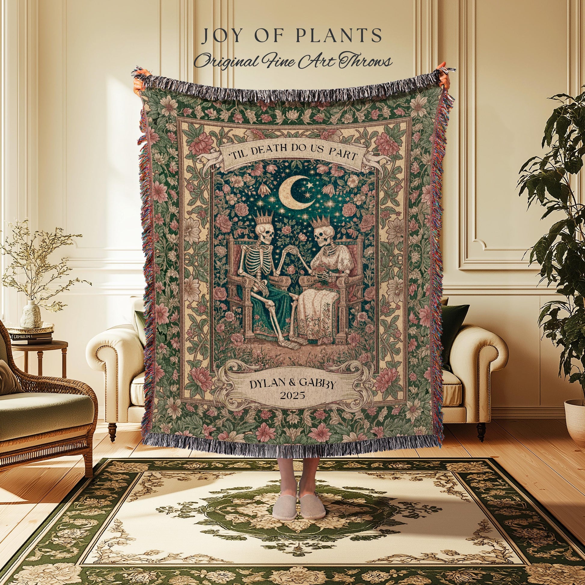 Enchanted Lovers Anniversary Blanket | Custom Gothic Woven Throw Personalized Romantic Wedding Anniversary Gift Cozy Floral Skeleton Couple