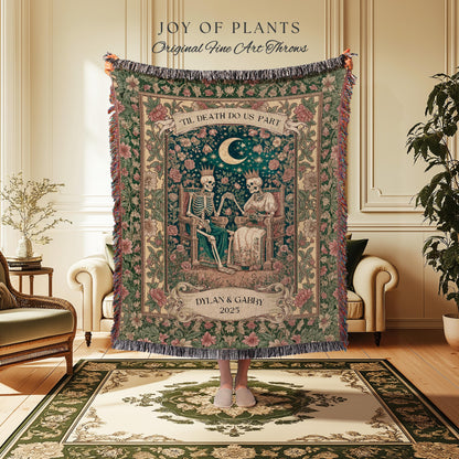 Enchanted Lovers Anniversary Blanket | Custom Gothic Woven Throw Personalized Romantic Wedding Anniversary Gift Cozy Floral Skeleton Couple
