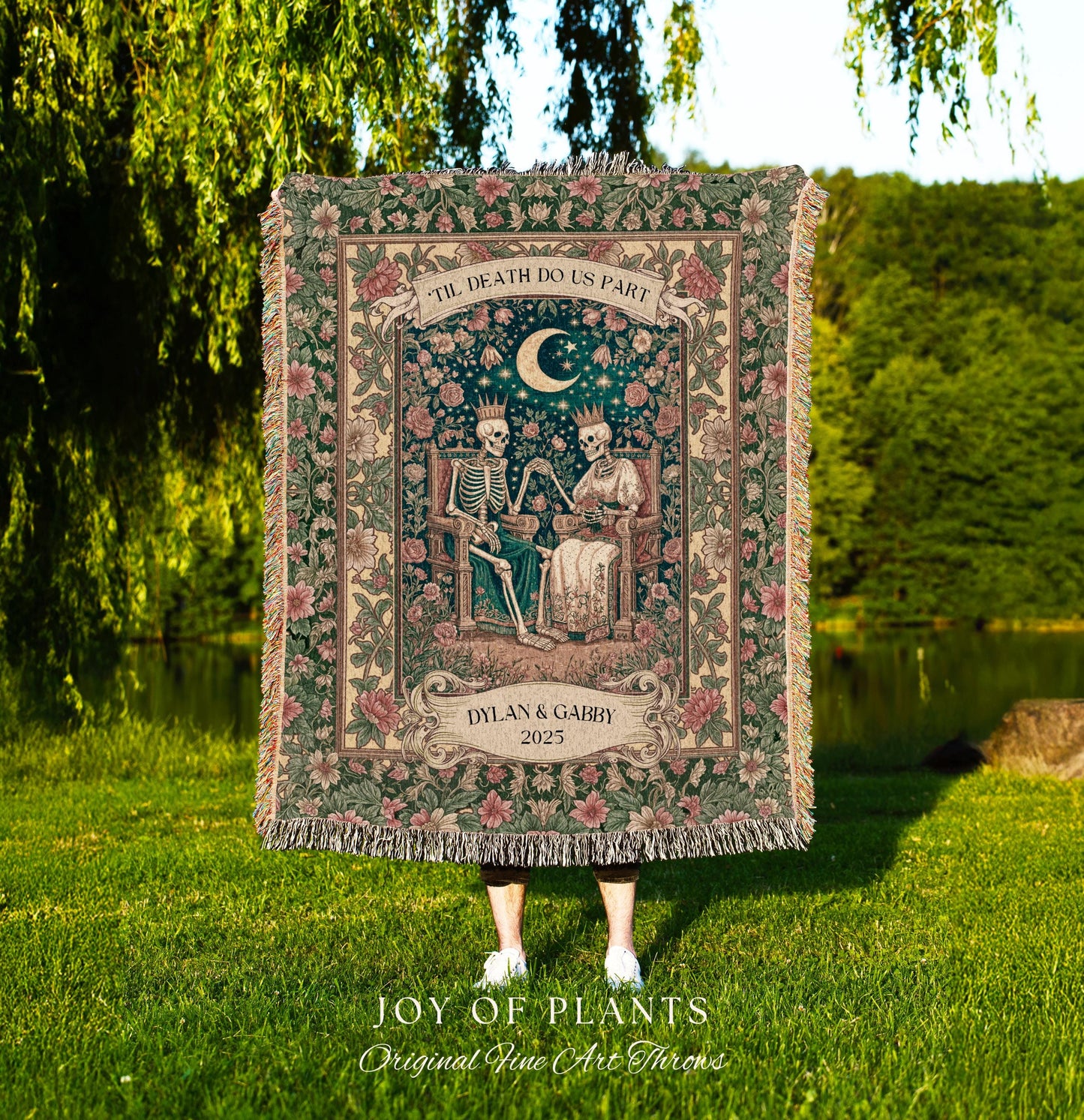 Enchanted Lovers Anniversary Blanket | Custom Gothic Woven Throw Personalized Romantic Wedding Anniversary Gift Cozy Floral Skeleton Couple