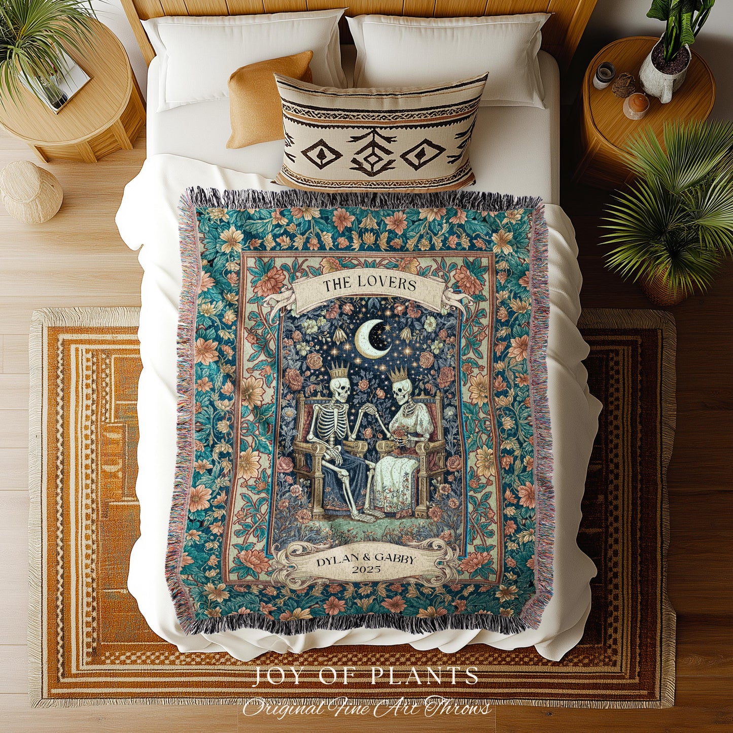 Royal Witchy Wedding Blanket Custom | Celestial Skeleton Lovers Throw Personalized Romantic Cozy Gothic Whimsigoth Couple Gift Anniversary |