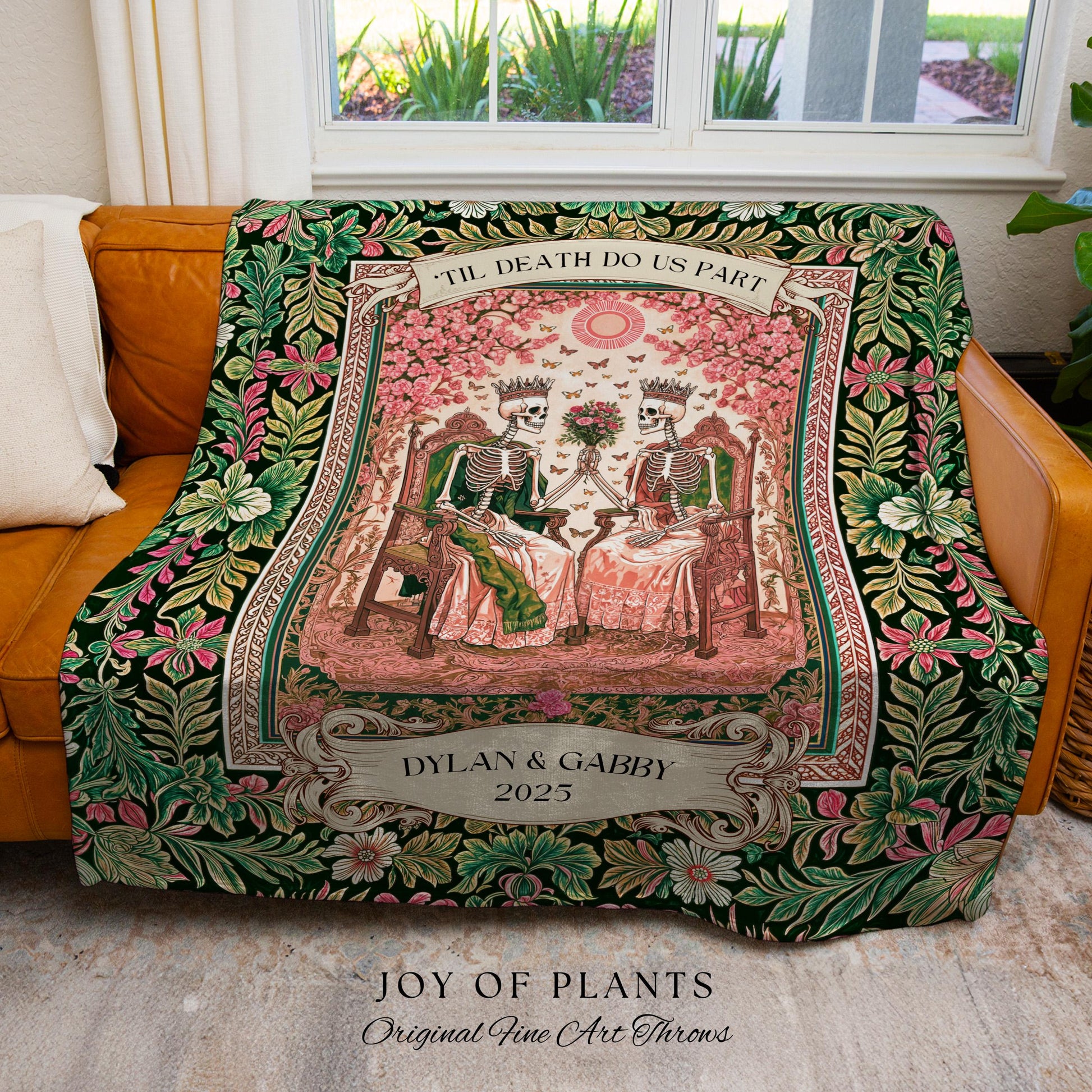 Pastel Botanical Skeleton Lovers Throw | Personalized Anniversary Blanket Custom Gift for Husband and Wife Sentimental Goth Couple Tapestry
