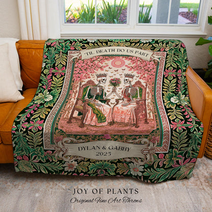 Pastel Botanical Skeleton Lovers Throw | Personalized Anniversary Blanket Custom Gift for Husband and Wife Sentimental Goth Couple Tapestry