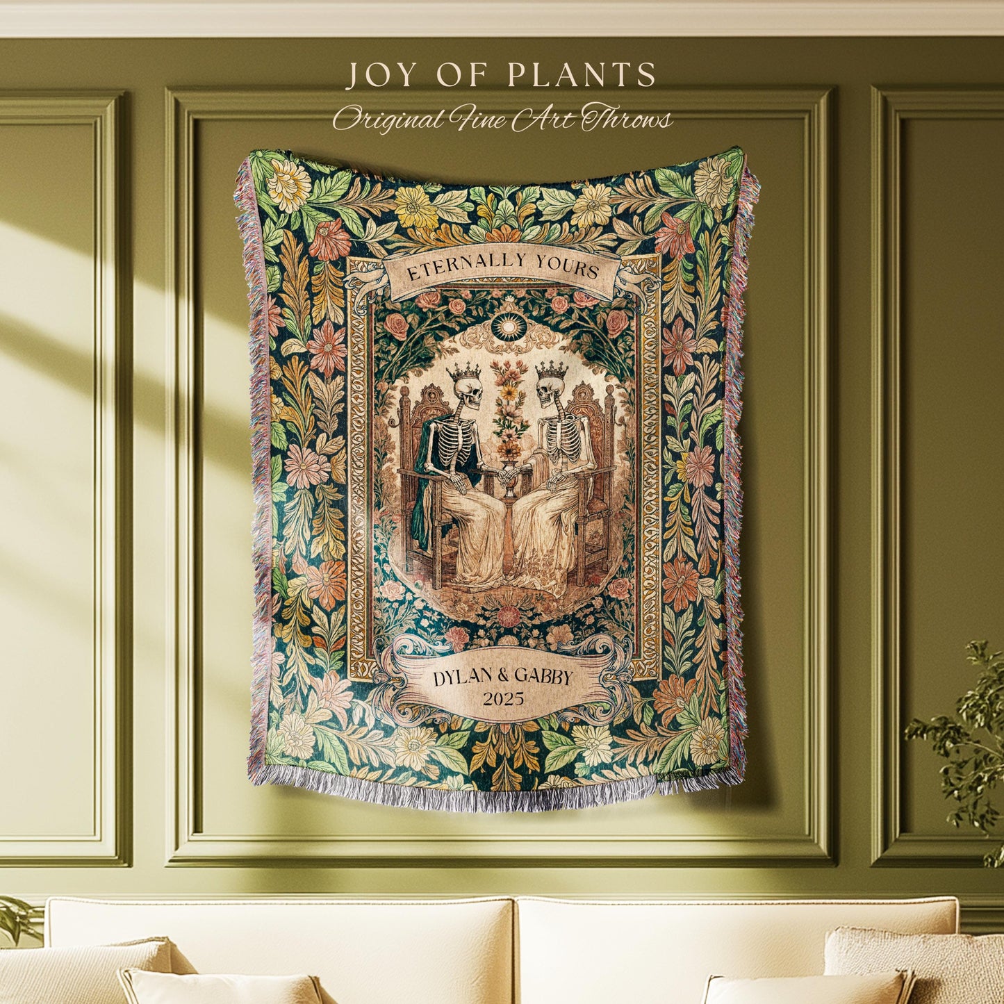 Whimsical Skeleton Lovers Woven Tapestry | Personalized Couple Name Tapestry Custom Gothic Wedding Keepsake for Partner Floral Til Death |