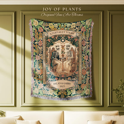 Whimsical Skeleton Lovers Woven Tapestry | Personalized Couple Name Tapestry Custom Gothic Wedding Keepsake for Partner Floral Til Death |
