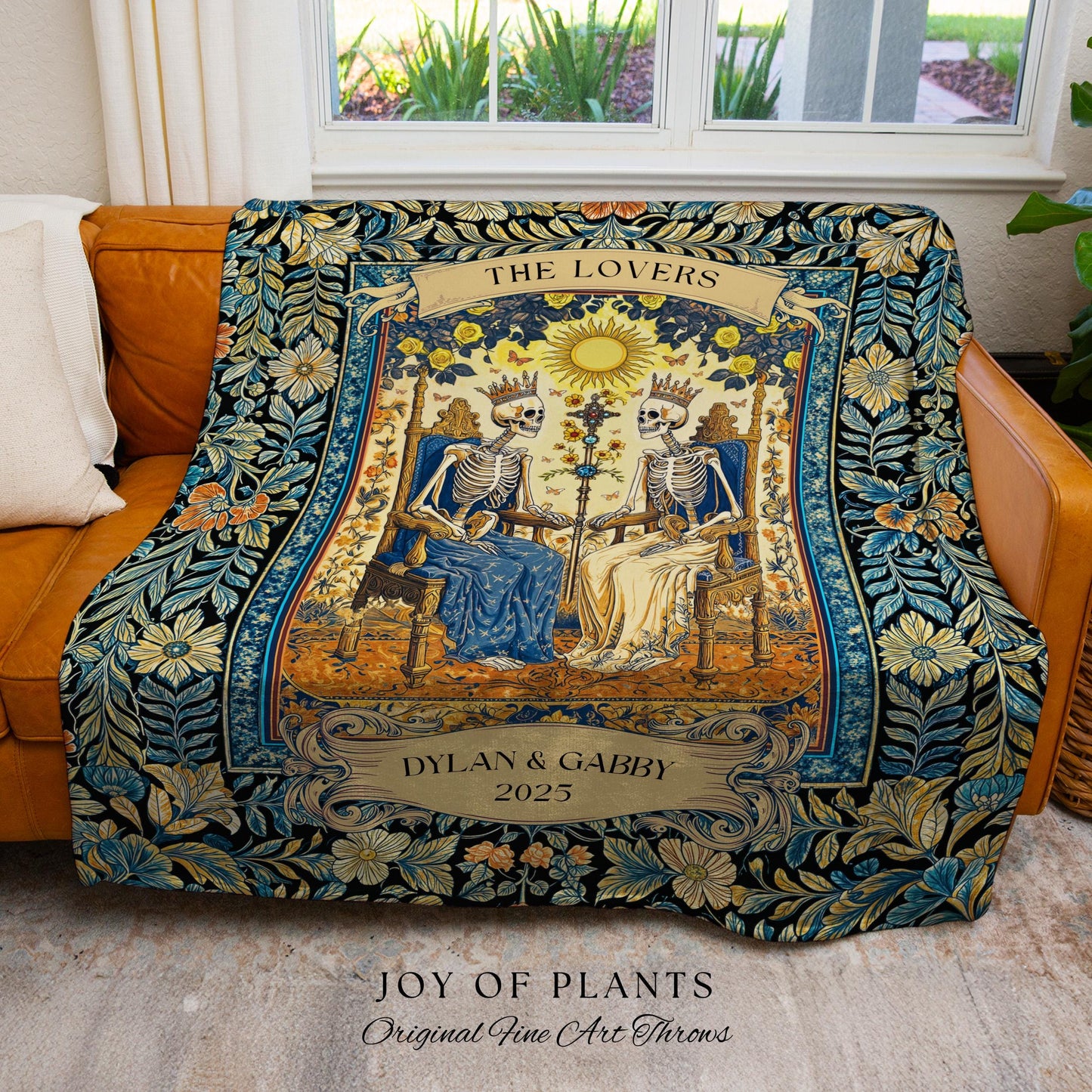 The Lovers Custom Skeleton Couple Blanket | Personalized Anniversary Gift Custom Gothic Throw for Couple Romantic Woven Tapestry with Names