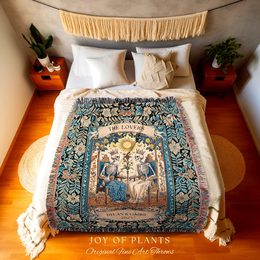 The Lovers Custom Skeleton Couple Blanket | Personalized Anniversary Gift Custom Gothic Throw for Couple Romantic Woven Tapestry with Names