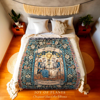 The Lovers Custom Skeleton Couple Blanket | Personalized Anniversary Gift Custom Gothic Throw for Couple Romantic Woven Tapestry with Names