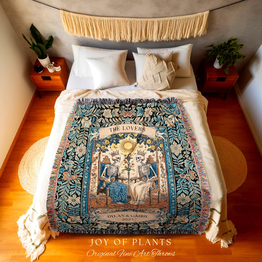 The Lovers Custom Skeleton Couple Blanket | Personalized Anniversary Gift Custom Gothic Throw for Couple Romantic Woven Tapestry with Names