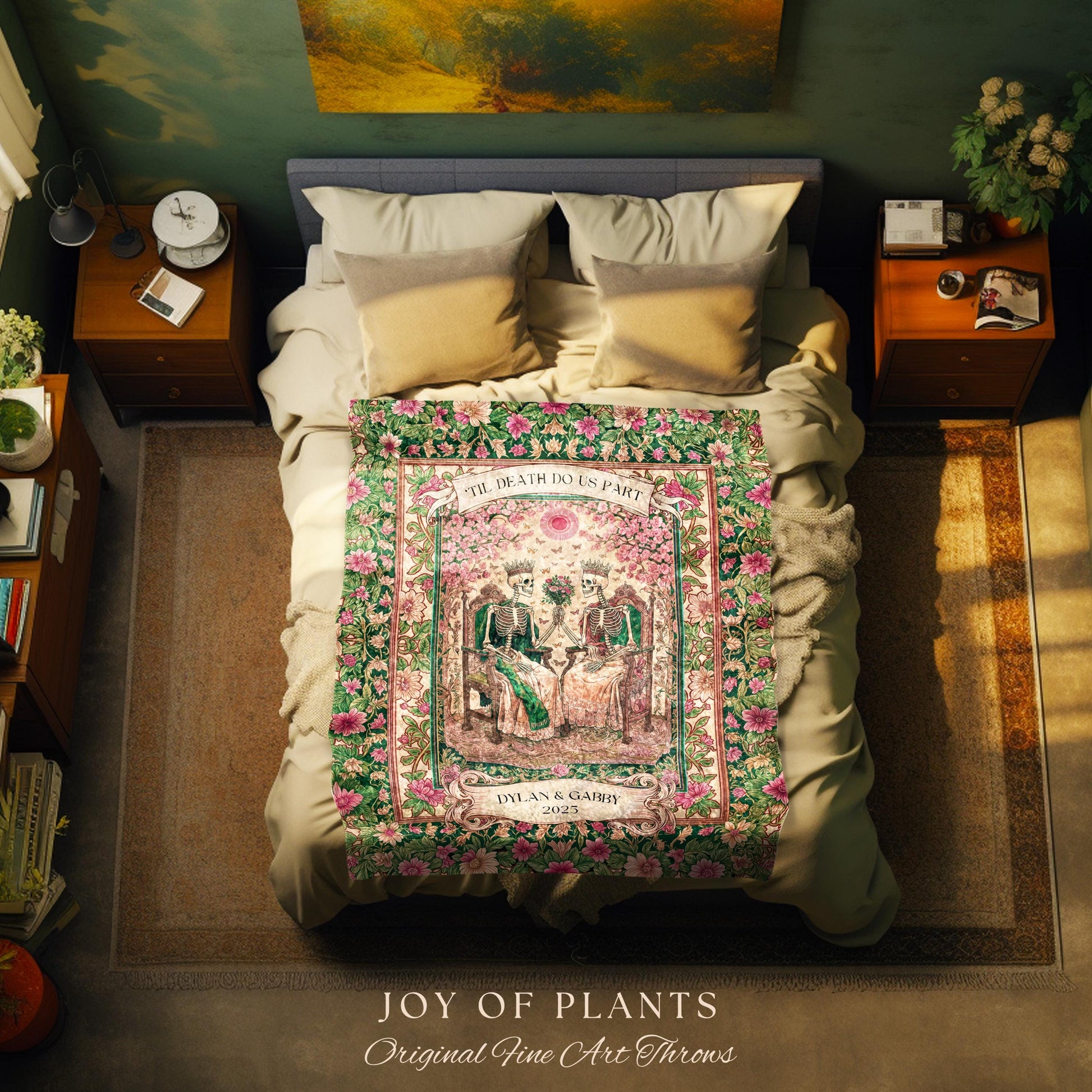 Botanical Gothic Custom Skeleton Blanket | Personalized Anniversary Gift for Wife Witchy Wedding Throw Spooky Couple Tapestry with Names