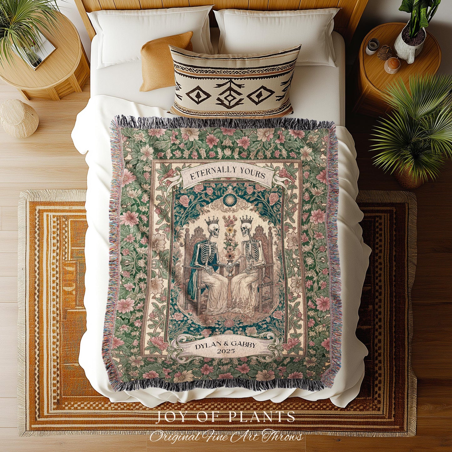 Cozy Skeleton Lovers Til Death Blanket | Custom Anniversary Tapestry Personalized Gift Dark Romantic Baroque Couple Cute Floral Woven Throw