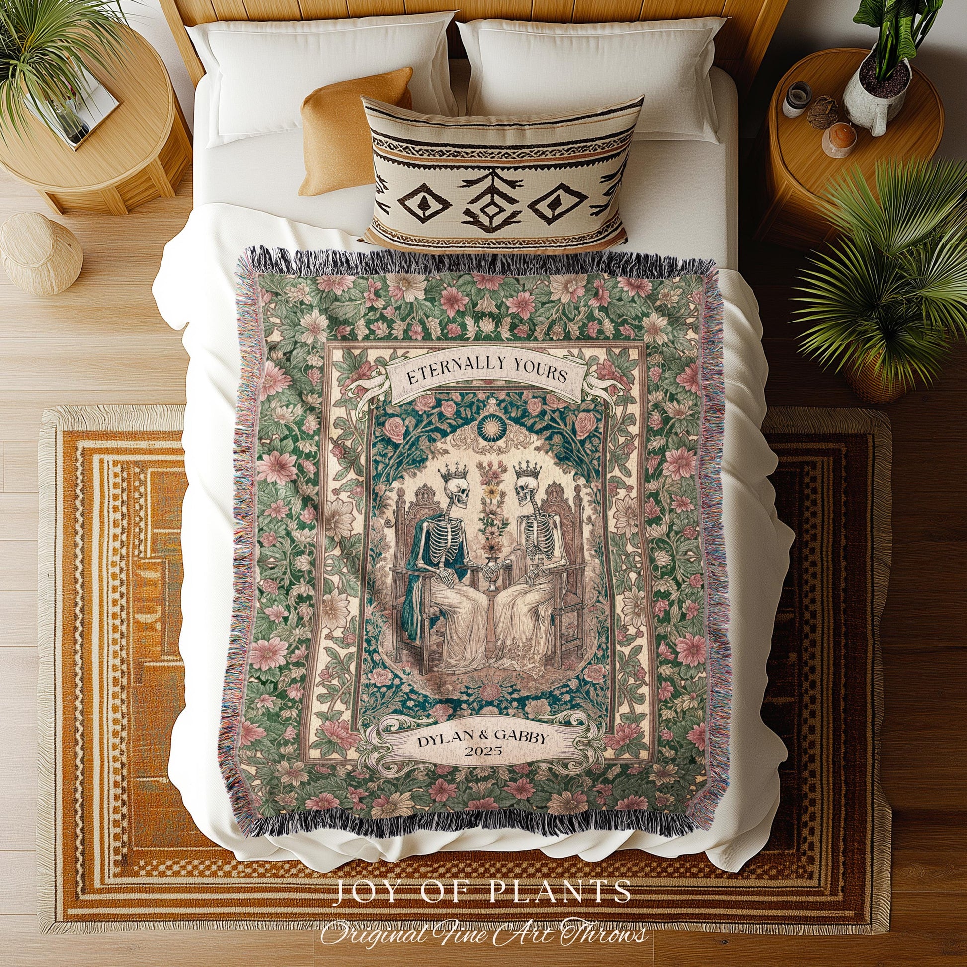 Cozy Skeleton Lovers Til Death Blanket | Custom Anniversary Tapestry Personalized Gift Dark Romantic Baroque Couple Cute Floral Woven Throw