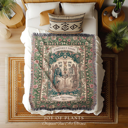 Cozy Skeleton Lovers Til Death Blanket | Custom Anniversary Tapestry Personalized Gift Dark Romantic Baroque Couple Cute Floral Woven Throw