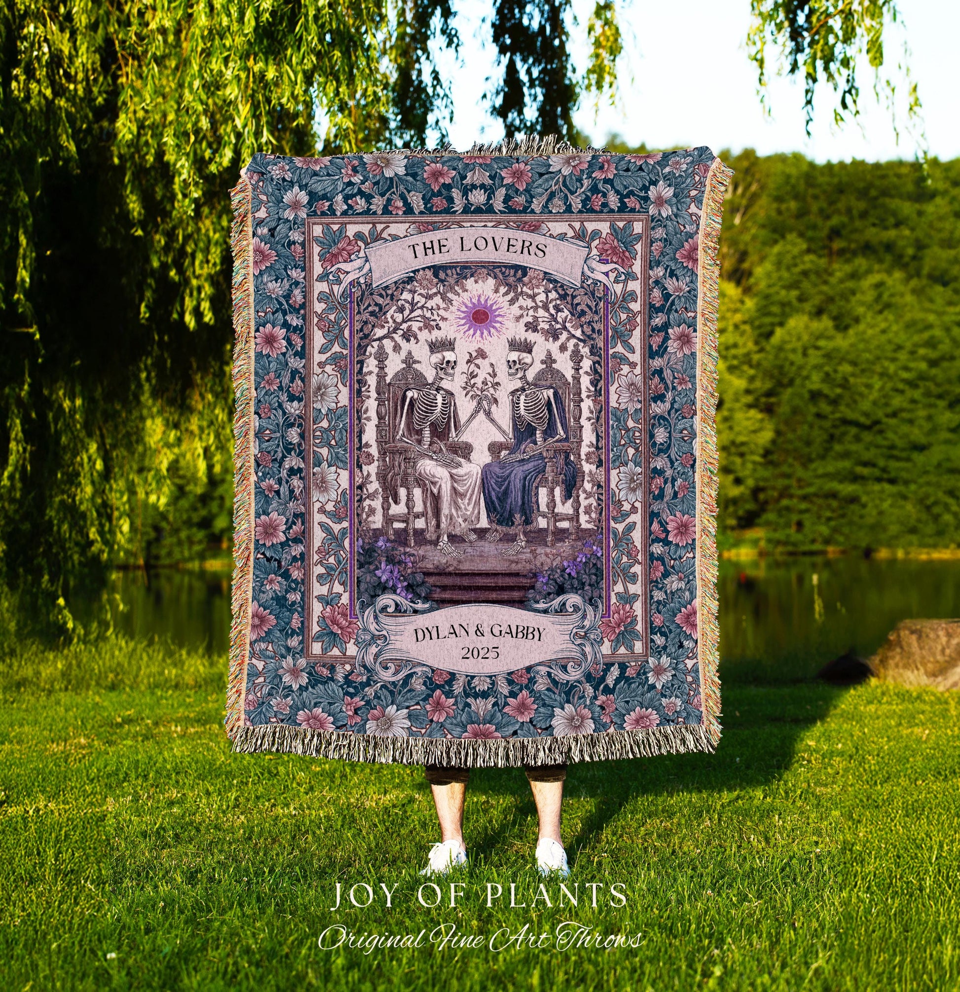 Rustic Pastel Floral Couple Blanket Custom | Witchy Personalized Skeleton Lovers Sentimental Wedding Throw Gothic Anniversary Gift Baroque
