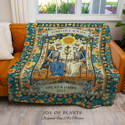 The Lovers Tarot Couple Custom Blanket | Personalized Anniversary Gift Skeletons Cute Tapestry Romantic Dark Floral Wedding Throw Celestial