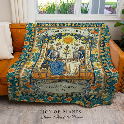 The Lovers Tarot Couple Custom Blanket | Personalized Anniversary Gift Skeletons Cute Tapestry Romantic Dark Floral Wedding Throw Celestial