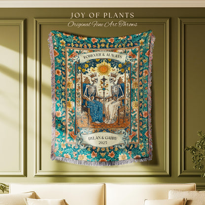 The Lovers Tarot Couple Custom Blanket | Personalized Anniversary Gift Skeletons Cute Tapestry Romantic Dark Floral Wedding Throw Celestial