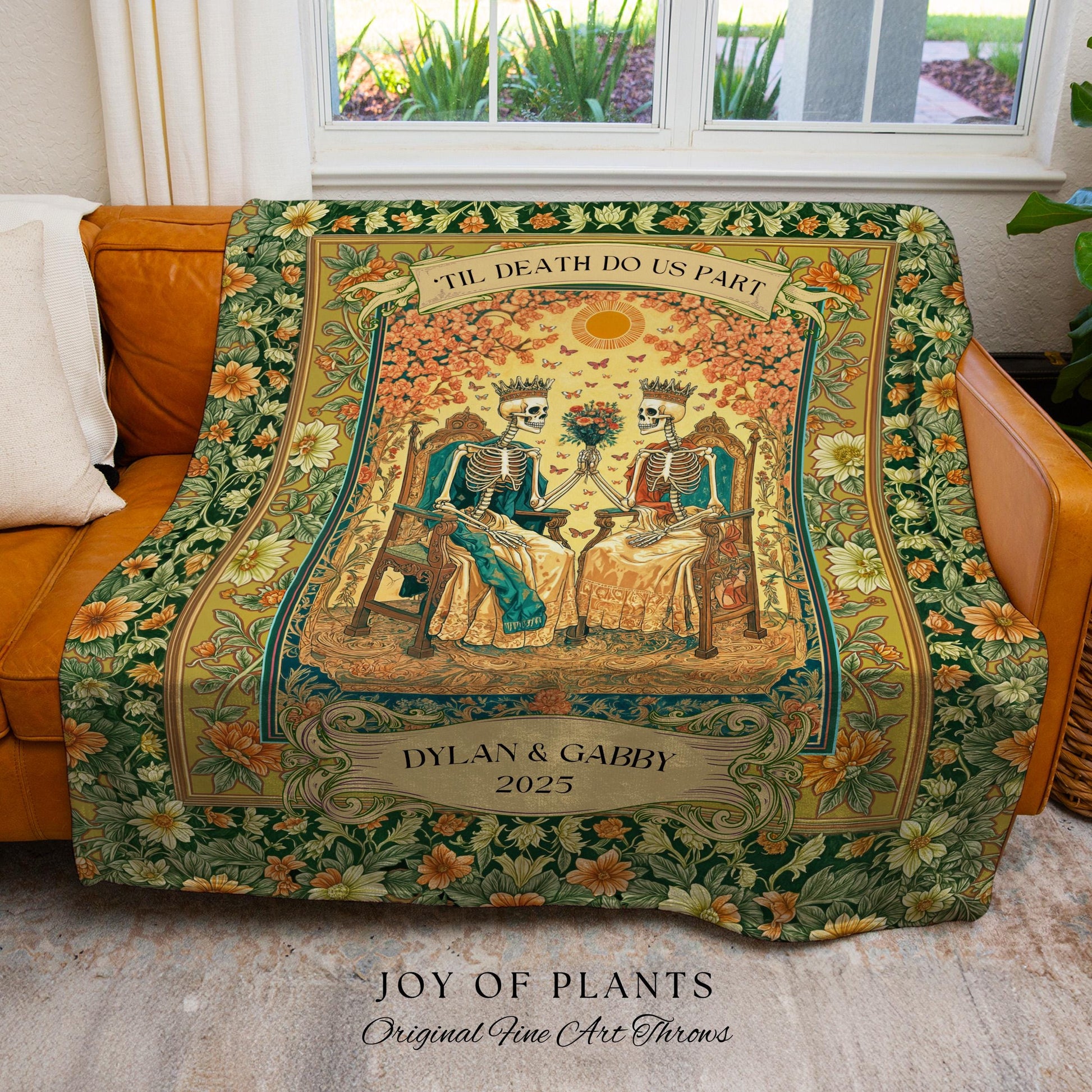 Mystic Lovers Skeleton Custom Blanket | Personalized Names Witchy Couple Throw Gothic Wedding Gift Baroque Floral Tapestry Cozy Anniversary