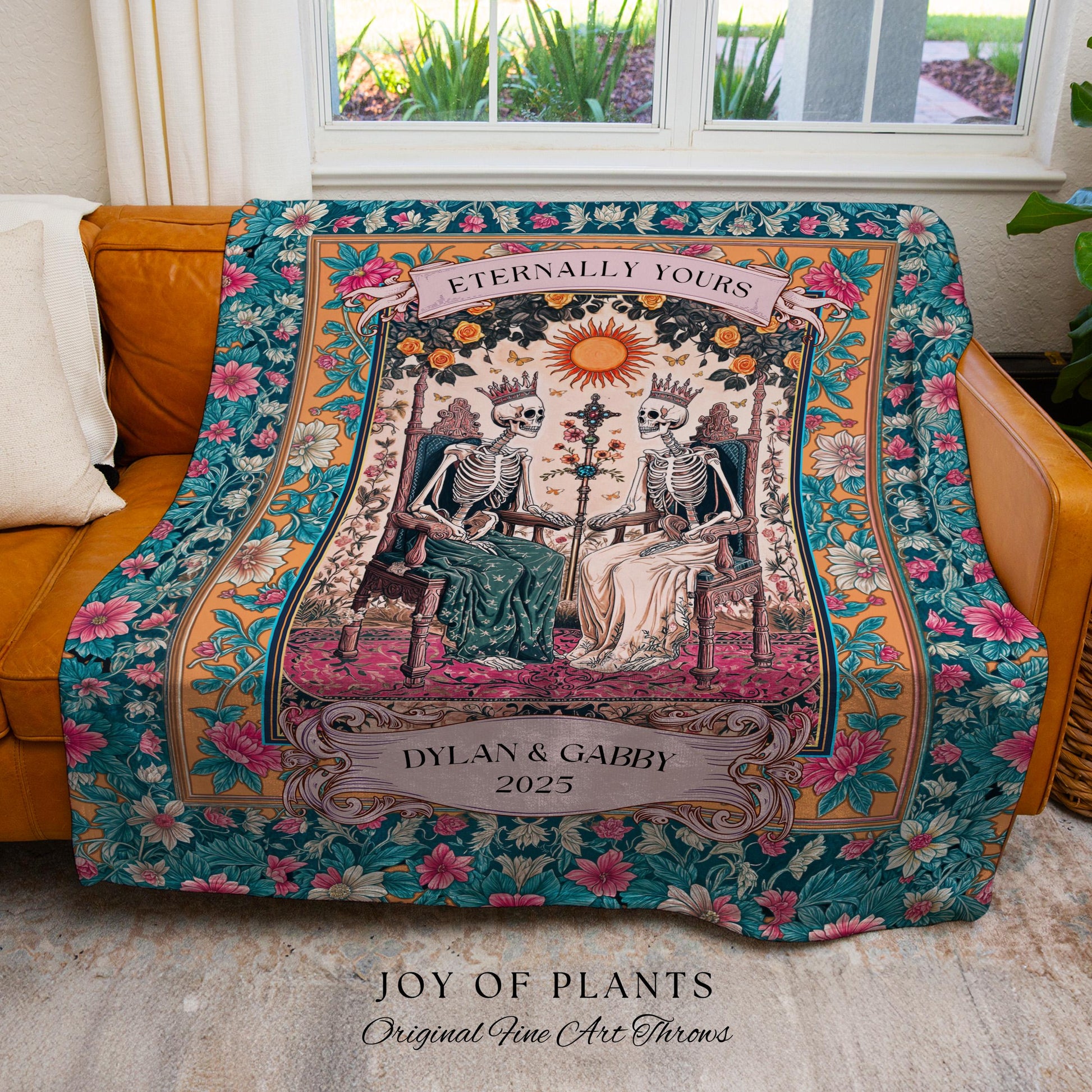 Eternally Yours Royal Skeleton Lovers Blanket | Personalized Gothic Wedding Throw Cozy Anniversary Blanket with Couple Names Tarot Aesthetic