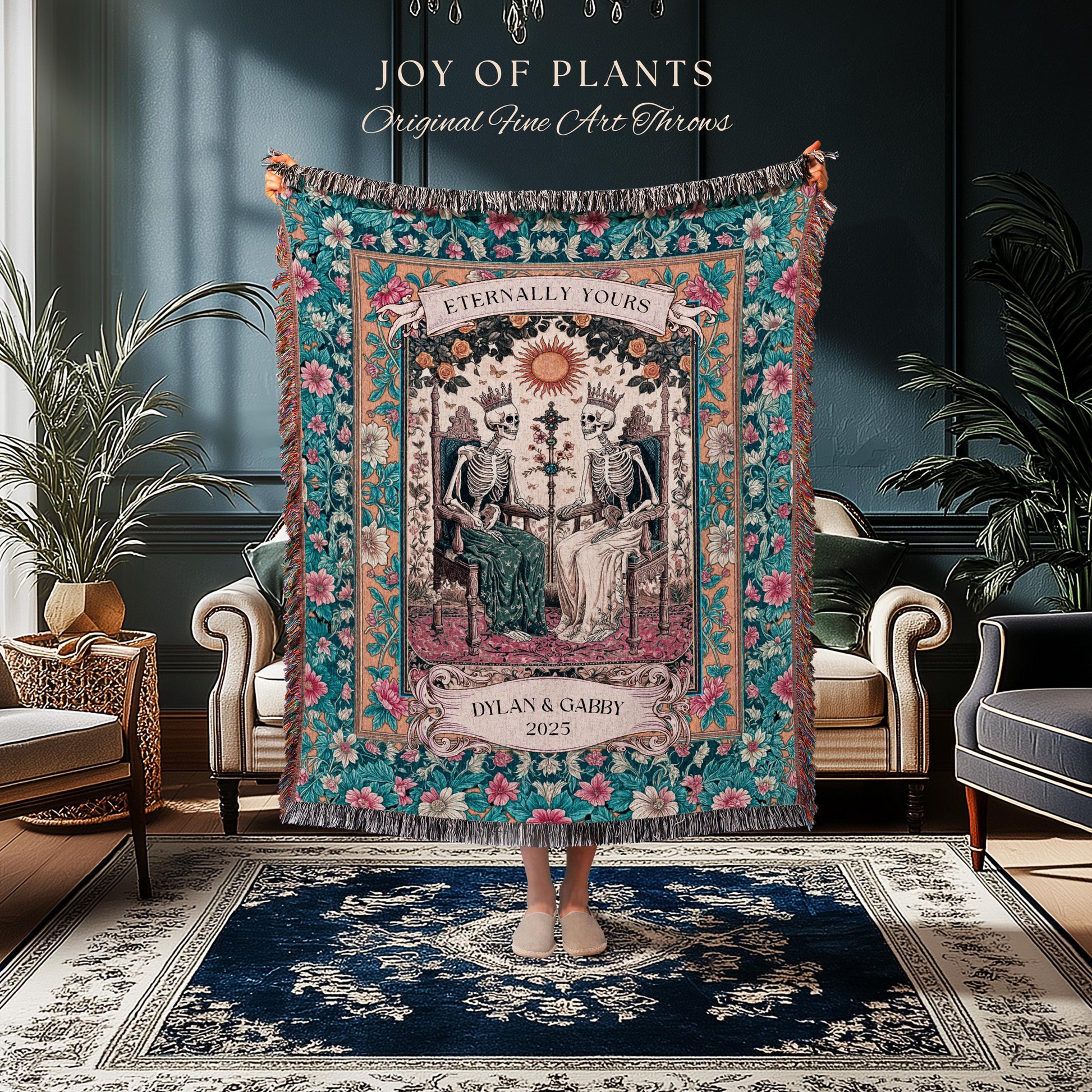 Eternally Yours Royal Skeleton Lovers Blanket | Personalized Gothic Wedding Throw Cozy Anniversary Blanket with Couple Names Tarot Aesthetic
