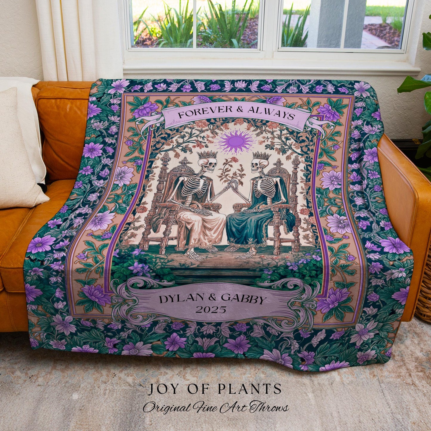 Skeleton Wedding Custom Couple Blanket | The Lovers Tarot Throw Cozy Anniversary Gift Personalized Tapestry Baroque Romantic Gift for Goths